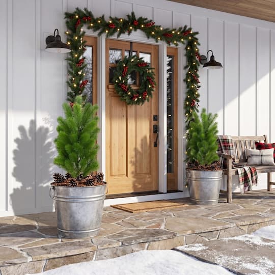 Nearly Natural 19" Green UV Resistant Artificial Christmas Pine with Stakes, 2ct.